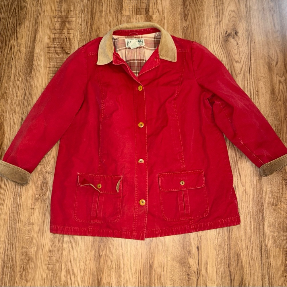 Vtg LL Bean Red  Barn Chore Coat Flannel Lined Corduroy Collar Jacket Womens 2XL